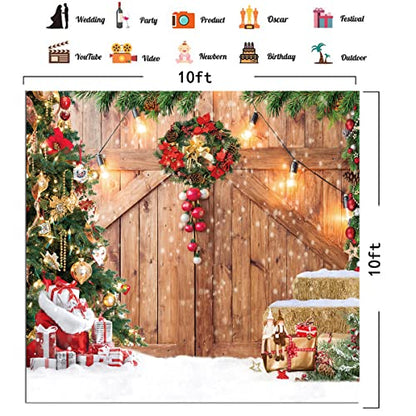 CHAIYA 10x10ft Christmas Backdrop Christmas Barn Door Photography Backdrop Xmas Tree Snow Wall Background Xmas Party Supplies Family Kids Party Banner Decorations Backdrops CY177 - size: 10′x10′