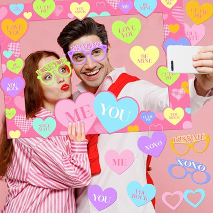 Valentines Day Photo Booth Props, Pink Romantic Valentine’s Day Selfie Photo Booth Picture Frame and Conversation Hearts Valentines Photo Props for Valentine’s Day Wedding Party Favors Decorations