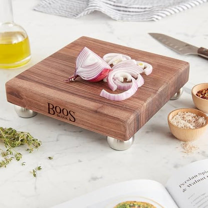 John Boos B Series Square Wooden Walnut Cutting Board 12”x12” – 1.5” Thick, 5-lb Non-Reversible Butcher Block with Stainless Steel Bun Feet & Edge-Grain - color: Walnut with Stainless Steel Feet, size: 9"L x 9"W