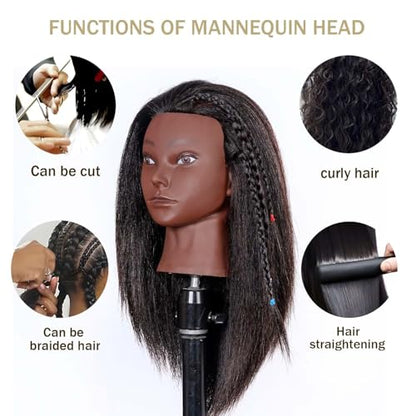 Mannequin Head Human Hair, 16inch, with 100% Human Hair, Cosmetology Doll Head for Hairdresser Practice Braiding Hair Styling, with Table Clamp Stand and Tools