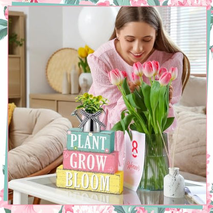 GlikCeil 4 Pcs Spring Table Decoration Spring Tiered Tray Decor Plant Grow Bloom Wooden Kettle Block Sign Farmhouse Rustic Table Decor Wood Tabletop Centerpiece for Home Desk Kitchen Shelf Decors - style: Spring