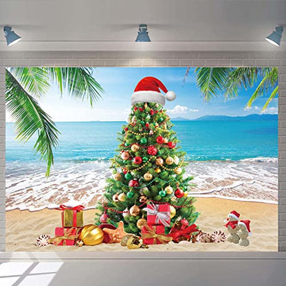 July Christmas Tree Photography Backdrop - Tropical Beach Palm Leaves Blue Sky Ocean Family Holiday Party Photo Backdrop (8X6FT(94X70inch)) - size: 8X6FT(94X70inch)