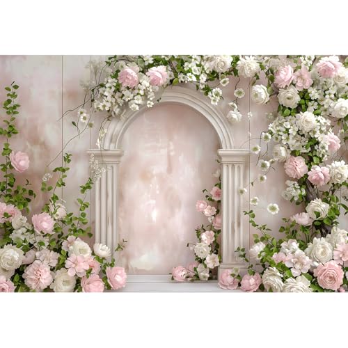Wedding Floral Wall Backdrop 5x3ft White and Pink Flower Palace Arched Door Photography Background Fantasy Romantic Wedding Party Bridal Shower Birthday for Girls Princess Photo Studio - color: pink-2, size: 5x3ft