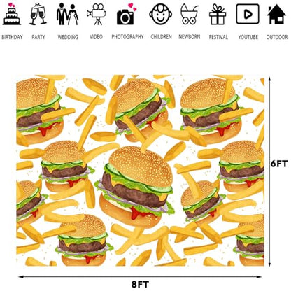 Hamburger French Fries Backdrop, 8x6ft, Fast Food Photograhy Background Birthday Party Supplies Burger Shop Decoration Banner Photo Booth Props - size: 8x6