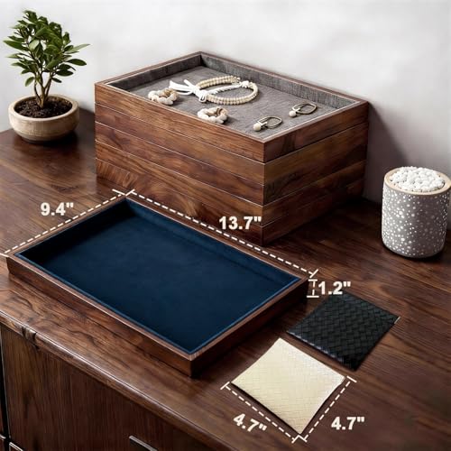 Large Solid Wood Jewelry Watch Tray, Velvet Jewelry Board Display Trays for Key Wallet Ring，Stackable Wooden Jewelry Drawer Organizer Showcase Jewelry Holder(Royal Blue) - color: Blue