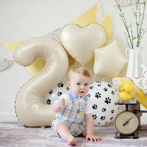 2nd Birthday Dog Paw Balloons Set,18'' Paw Prints, Heart,Star,Paw Shaped Foil Balloon 40''Cream Number 2 Helium balloons for Puppy Themed Baby Shower Second Birthday Party Decorations Supplies 6PCS - color: Cream-2
