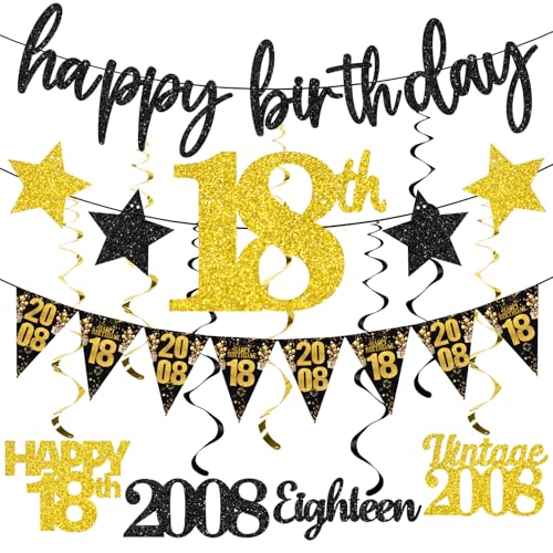 12PCS 18th Birthday Decorations for Boys Girls, Black Gold Vintage 2008 Happy 18th Birthday Banner Triangle Flag Banner Glitter Hanging Swirls Party Supplies, Cheers to 18 Years Old Bday Decor - style: Black Gold 18th