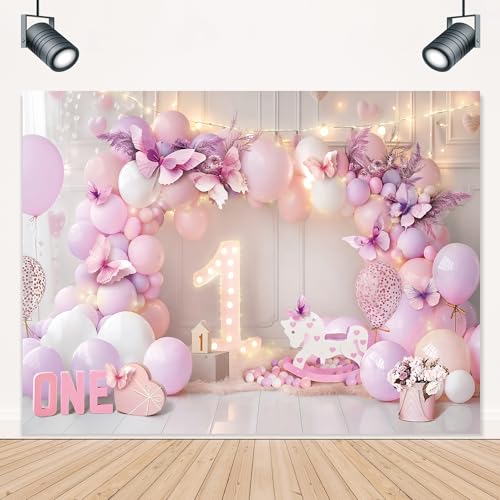 Girl 1st Birthday Backdrop 8Wx6H Feet for Purple Pink Princess Balloons Lights Butterfly First Bday Photography Background Decorations Photo Booth Studio Prop Fabric - color: Pink Purple Birthday, size: 8Wx6H