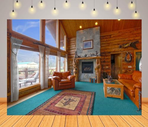 5x3ft Fabric Rustic Log Cabin Interior Backdrop Brown Sofa Wooden Country Cottage Background Farmhouse Living Room Photography Backdrops Portrait Party Photo Props - size: 6x4ft