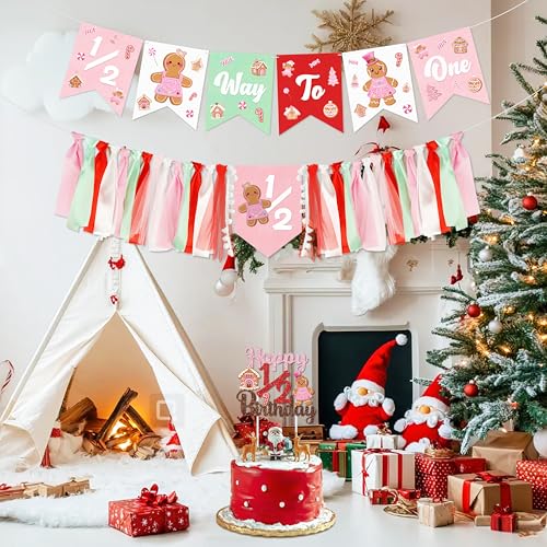 1/2 Birthday Christmas Half Birthday Decorations - Christmas It's My 1/2 Bday Banner Glitter Cake Topper Tassel High Chair Banner & Cone Hat Halfway to One Boy Girl Party Supplies - color: Red