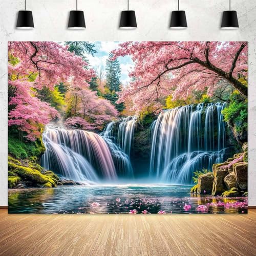 5 x 3 ft Cherry Blossom Backdrop Pink Spring Floral Mountain Rocks Flowing Water Lake River Background Nature Wedding Bridal Shower Background Girls Women Portrait Themed Party Decor - color: Multi4, size: 5x3ft