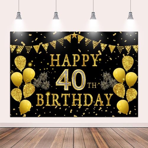 5x3ft Happy 40th Birthday Party Photography Backdrop, Glitter Black and Gold Balloons Background for Woman Man Fabulous 40 Bday Shining Diamond Forty Years Old Birthday Party Supplies - color: 40th, size: 5x3ft