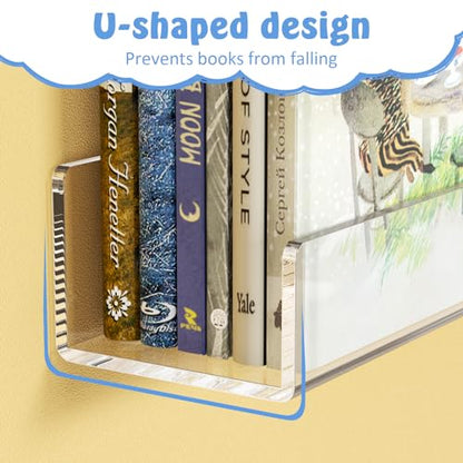 NIUBEE 24-Inch Acrylic Kids Floating Bookshelves, 2-Pack, Wall Mounted Clear Shelves for Kids' Growing Book Collections in Nurseries/Bedroom/Playrooms - size: 24''(2packs)