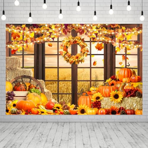 Fall Thanksgiving Backdrop for Photography Autumn Window Pumpkin Harvest Photo Backdrop 10x8ft Maple Leaves Haystack Wheat Field Harvest Background Birthday Party Event Studio Props Banner - color: NWH20204