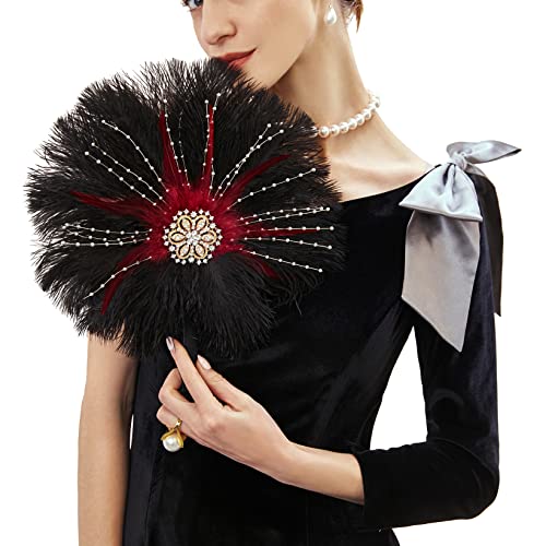 BABEYOND Vintage Bridal Feather Fan - Ostrich Feather Crystal Bridesmaid Bouquet - 20s Gatsby Wedding & Flapper Accessories (Black Red) - color: Black Red