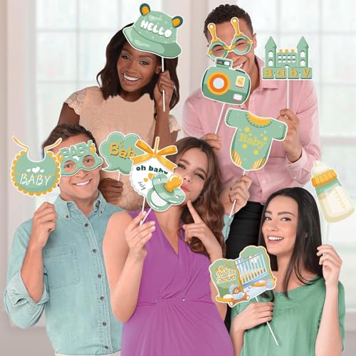 SUNBEAUTY 36 PCS Sage Green Baby Shower Photo Booth Props - Neutral Greenery Oh Baby Decorations - color: Sage Green Baby Shower