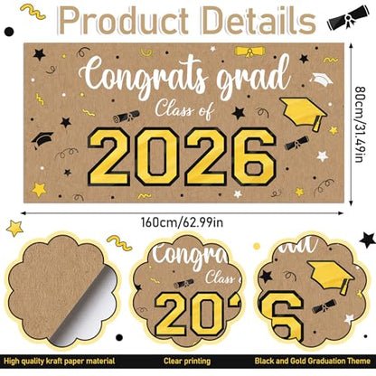 Feifeiya Kraft Paper Graduation Backdrop 2026-62" x 31" Large Brown Congrats Grad Banner Class of 2026 Black and Gold Grad Photography for Wall Graduation Party Classroom Decoration