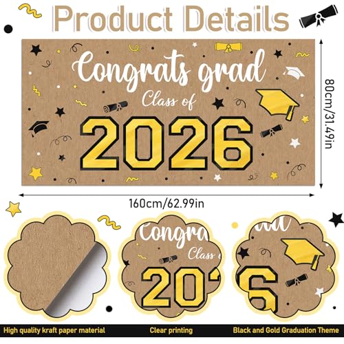 Feifeiya Kraft Paper Graduation Backdrop 2026-62" x 31" Large Brown Congrats Grad Banner Class of 2026 Black and Gold Grad Photography for Wall Graduation Party Classroom Decoration