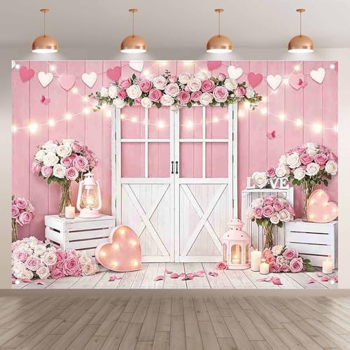 Fabric 7x5ft Valentine's Day Photography Backdrop Pink Rose Wood Door Flowers Love Heart Lights Background Wedding Bridal Mother’s Day Party Decorations Photo Props