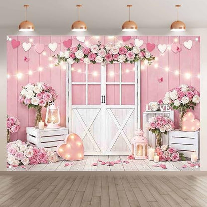 Fabric 7x5ft Valentine's Day Photography Backdrop Pink Rose Wood Door Flowers Love Heart Lights Background Wedding Bridal Mother’s Day Party Decorations Photo Props