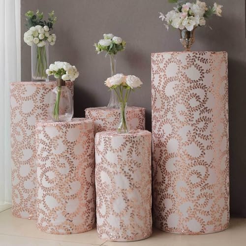 Efavormart Set of 5 Rose Gold Sequin Mesh Cylinder Display Box Stand Covers with Leaf Vine Embroidery, Sparkly Sheer Tulle Pedestal Pillar Prop Covers - color: Rose Gold, size: Sequin Mesh Cylinder Covers - Leaf Pattern