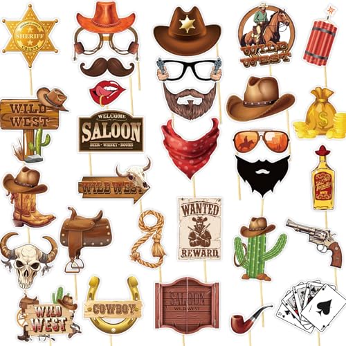 30 Pieces Western Cowboy Cowgirl Photo Booth Props Wild West Themed Party Decoration Rodeo Party Decorations with Wanted Sign for Country Party Bachelorette Rustic Party Supplies(Brown) - color: Brown