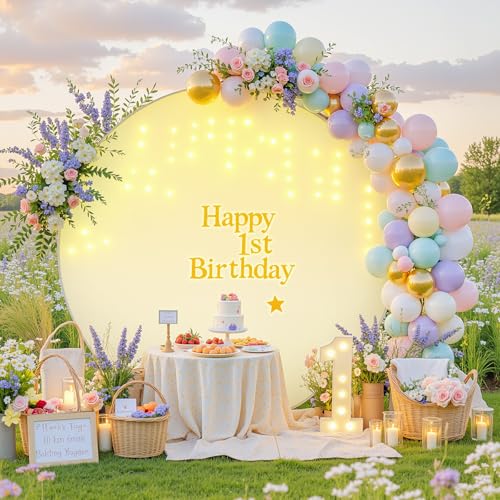 6.6 ft Beige Round Backdrop Cover with Lights Circle Arch Backdrop Cover with Fairy Lights for Birthday Party Wedding Bridal Shower Baby Shower Photography Photo Shoot Background Decorations - color: Beige, size: 6.6 FT