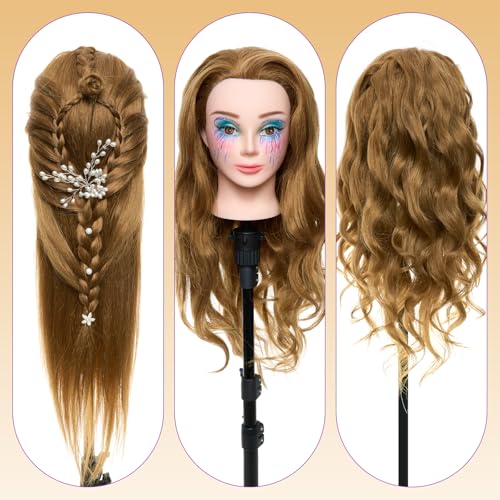 Mannequin Head with 80% Real Human Hair with Tripod Stand - 28" Makeup Cosmetology Manikin Doll Head for Hair Styling, Hairdressing Training Head for Braiding Practice Suitable for Hair Extensions - color: Brown &Tripod Set
