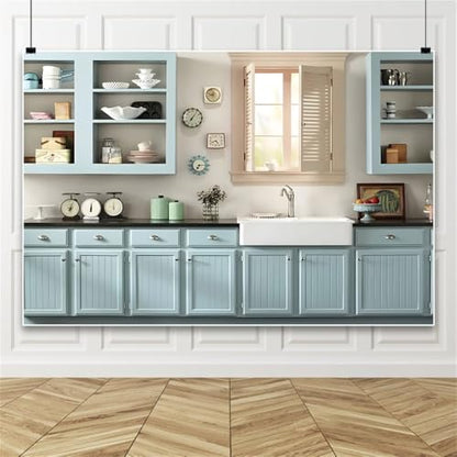 Laeacco 5x3ft Modern Kitchen Backdrop Kitchen Interior Light Blue Cabinet Tableware Photography Background Home Cuisine Cooking Baking Party Cake Table Decor Kids Adults Portrait Photo Booth Props - size: 5x3ft
