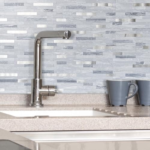 AULIGET Faux Stone Peel and Stick Backsplash, Light Grey Marble Look PVC Mixed Metal Wall Tiles Stick on Backsplash - color: Light Grey + Metal Silver, size: 2 Sheets, 6"x12"x0.12"