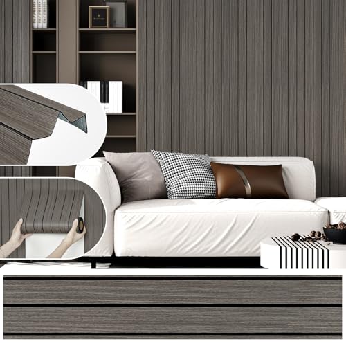 Dark Brown Wood Wall Panels Acoustic Wood Panels for Wall Soundproof Peel and Stick Wooden Slats Wallpaper 3D Shiplap Vintage Foam Vinyl Roll for Bedroom TV Background Living Room Ceilings - size: 11.8"x196"