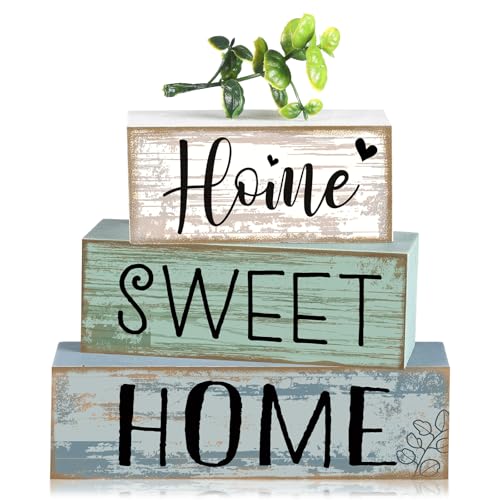Moucuny 4 Pcs Wooden Farmhouse Table Decor Rustic Home Sweet Home Stacked Blocks Decoration Farmhouse Tiered Tray Decor Decorative Eucalyptus Block Signs Gift for Kitchen Shelf Coffee Table - style: Eucalyptus
