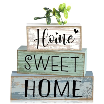 Moucuny 4 Pcs Wooden Farmhouse Table Decor Rustic Home Sweet Home Stacked Blocks Decoration Farmhouse Tiered Tray Decor Decorative Eucalyptus Block Signs Gift for Kitchen Shelf Coffee Table - style: Eucalyptus