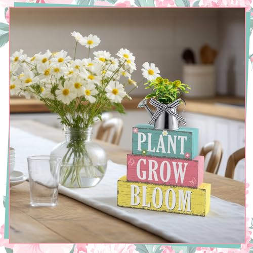 GlikCeil 4 Pcs Spring Table Decoration Spring Tiered Tray Decor Plant Grow Bloom Wooden Kettle Block Sign Farmhouse Rustic Table Decor Wood Tabletop Centerpiece for Home Desk Kitchen Shelf Decors - style: Spring
