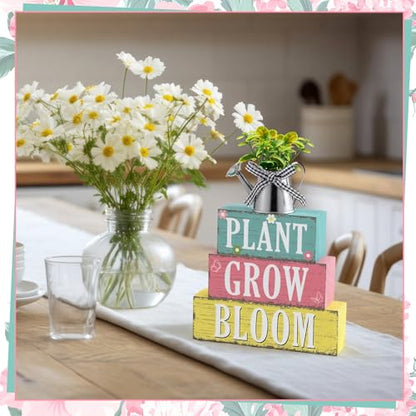 GlikCeil 4 Pcs Spring Table Decoration Spring Tiered Tray Decor Plant Grow Bloom Wooden Kettle Block Sign Farmhouse Rustic Table Decor Wood Tabletop Centerpiece for Home Desk Kitchen Shelf Decors - style: Spring