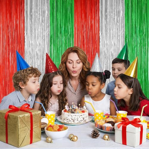 2 Pack Christmas Backdrop, Red Silver Green Party Streamer, Metallic Xmas Backdrop Fringe Curtains Foil Tinsel, Christmas Decorations Wall Decor Streamers Photo Booth Props - color: Red Silver Green