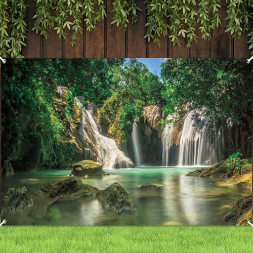 6x3.6ft Fabric 2026 VBS Emerald Rainforest Waterfall Backdrop Decoation Summer Forest Background Mountain River Spring Summer Outdoor Safari Adventure Party Decor Photography Props - color: Green, size: 6x3.6ft
