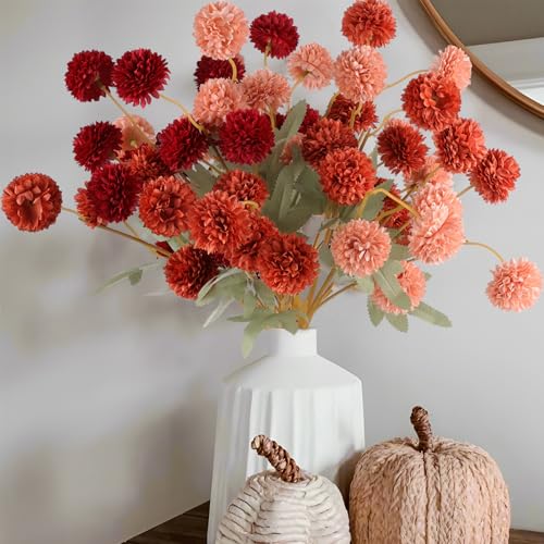 Hananona 12 Pcs Artificial Chrysanthemum Flowers, Orange Kiku Pom Pom Mums Flower Faux Fall Floral for Autumn Halloween Kitchen Table Centerpiece Home Decor (12, Burgundy, Burnt Orange, Deep Peach) - color: Burgundy, Burnt Orange, Deep Peach