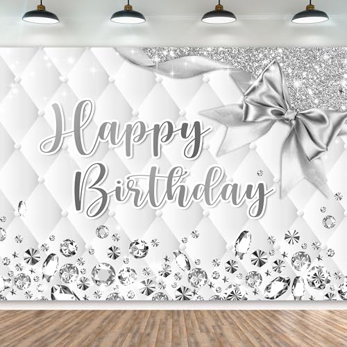 Newsely White and Silver Birthday Backdrop 7Wx5H Photography Happy Birthday Backdrop for Girls Women Diamonds Modern Luxury Elegant Bday Background Party Decorations Banner Photo Booth Props Supplies - color: B-White Silver, size: 7Wx5H