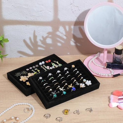 MAQUITA 6 Pcs Jewelry Ring Tray 7 Slots Ring Organizer Stackable Holder for Jewelry Display Drawer Insert for Dresser Earring, Black