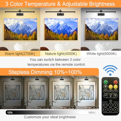 Tassuowell Picture Light Battery Operated with Remote, 3CCT Dimmable Picture Light for Paintings, Black Rechargeable 24 inch Battery Operated Wall Sconce for Art Lighting Gallery Portrait Artwork - color: Black, size: 23.6inch