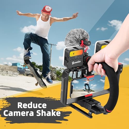 Zeadio All-in-One Smartphone Camera Stabilizer Kit, Portable Handheld Video Rig with RGB Video Light and Microphone, Fits for All Camcorder, Camera, DSLR and All iPhone and Android Smartphones - style: Pro Kit