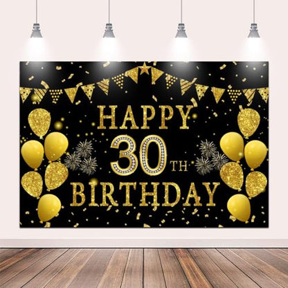 5x3ft Happy 30th Birthday Party Photography Backdrop, Glitter Black and Gold Balloons Background for Woman Man 30 Bday Shining Diamond Thirty Years Old Birthday Party Supplies - color: 30th, size: 5x3ft
