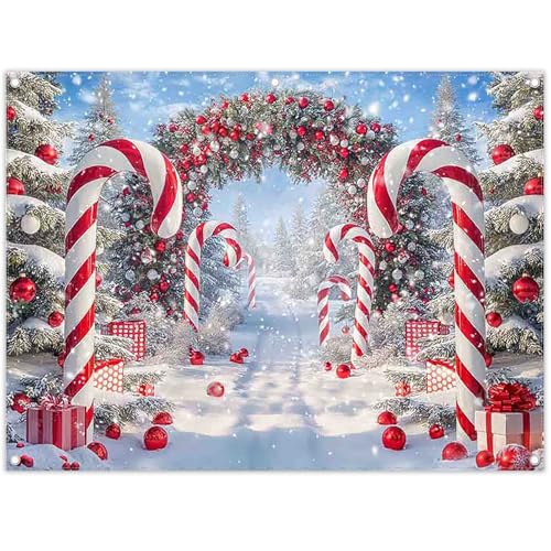 Fabric 8x6ft Merry Christmas Cane Candy Photography Backdrop Winter Snow Scene Xmas Tree Background New Year Eve Party Decoration Holiday Photo Banner Props - size: 8'x6'