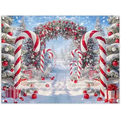 Fabric 8x6ft Merry Christmas Cane Candy Photography Backdrop Winter Snow Scene Xmas Tree Background New Year Eve Party Decoration Holiday Photo Banner Props - size: 8'x6'