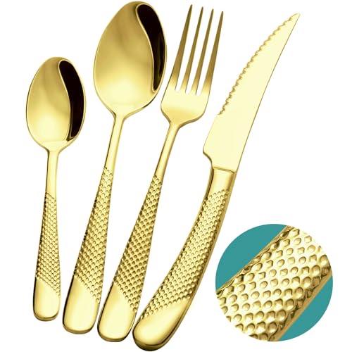 16-Piece Modern Champagne Gold Hammered Silverware Set with Ultra Sharp 2-IN-1 Serrated Knive, Golden 18/10 Stainless Steel Flatware Set, Utensil Cutlery Set for 4 Person, Forks Spoons Knives - color: Champagne Gold