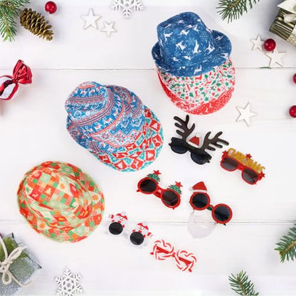 NICOWARM 12pcs Christmas Photo Booth Prop, 6pcs Fedora Hats, 6pcs Party Sunglasses for Adult, Teen, Ugly Sweater Hat, Funny Glasses, Merry Xmas Carnival Party Costume Prop