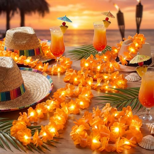 Sherr 24 Pcs LED Orange Leis Light up Wedding Hawaiian Leis Flower Necklace with LED Lights Beach Tropical Carnival Party Wedding Supplies Luau for Masquerade - color: Vibrant Orange