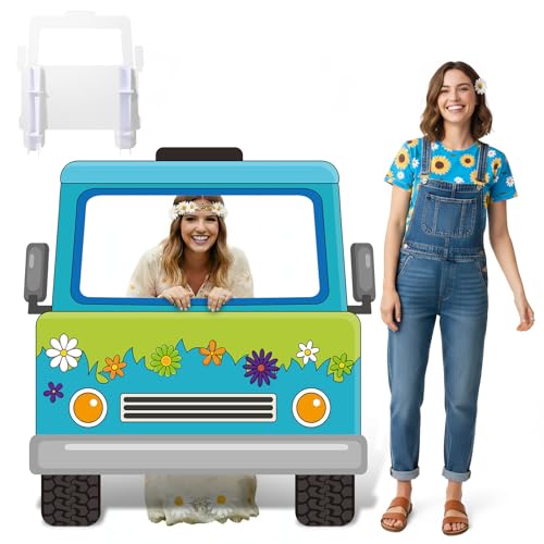Capoda Mysterious Van Photo Backdrop Stand up Cardboard Cutout for Hippie Daisy Party Decorations - 55 x 52 Inch Large Retro Daisy Flower Truck Standee with Face Hole for Birthday Party Supplies - style: Hippie Car