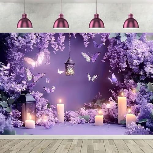 Romantic Purple Backdrop Glitter Purple Butterfly Lavender Flower Wall Background Photography for Birthday Party Girl Fairy Party Decorations Wedding Photo Booth Studio Props (A, 9X6FT) - color: A, size: 9X6FT